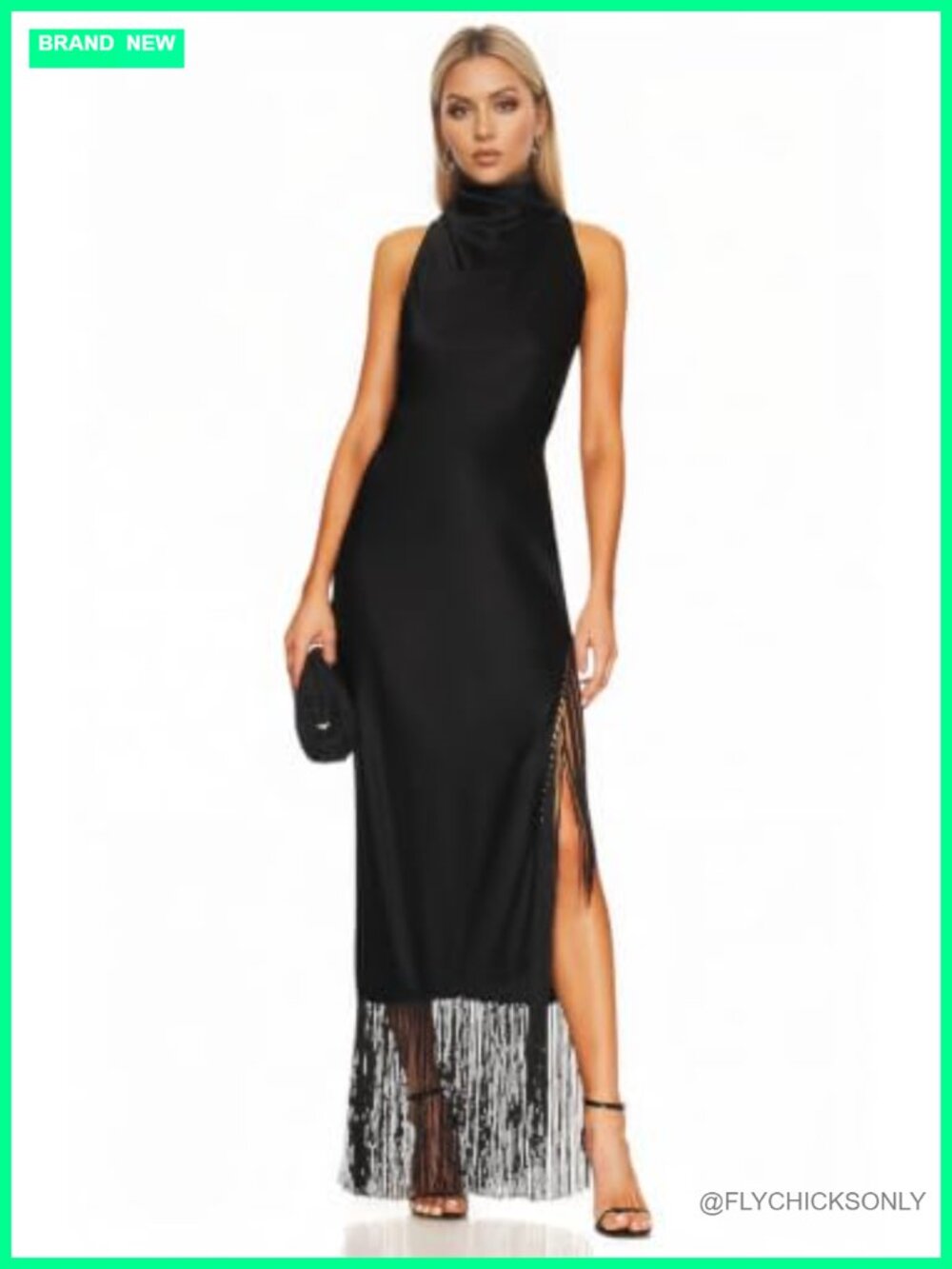 Mock Neck Fringe Hem Bodycon Maxi Dress